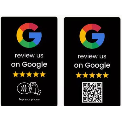 Black review card: tap the front or scan the QR code on the back